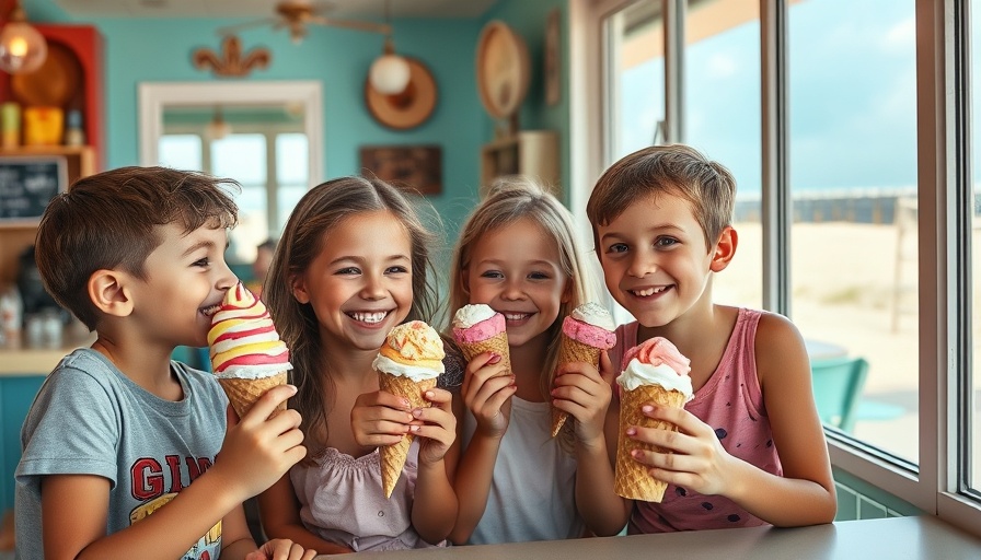 Friends enjoying ice cream at Alabama beach shop.