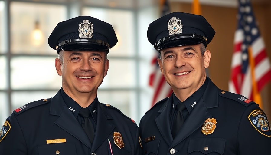 Two police officers in uniform smiling confidently with flags in background.