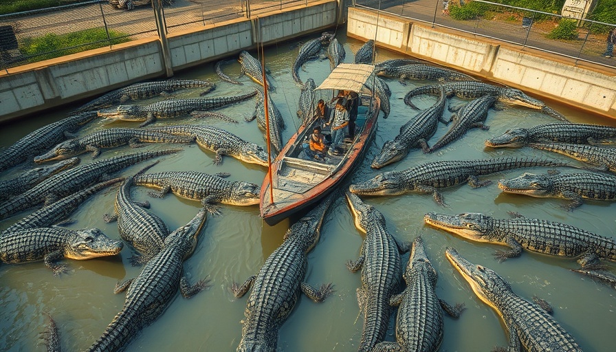 People fishing surrounded by alligators in Louisiana waterway.