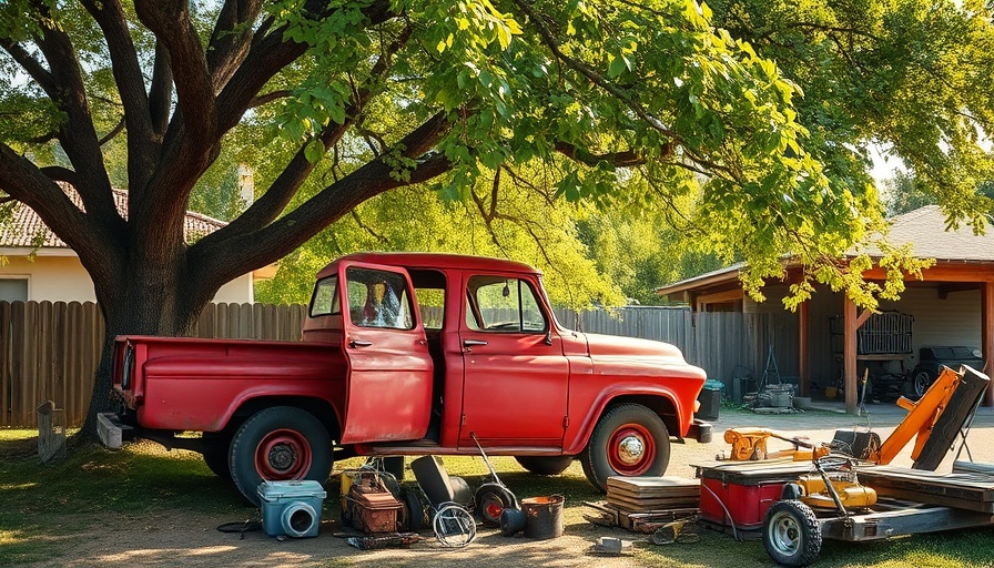 Shade tree mechanic working on an old red truck.