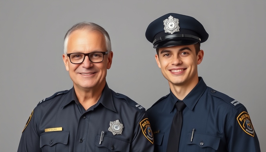 Uniformed police officers smiling in studio portrait.