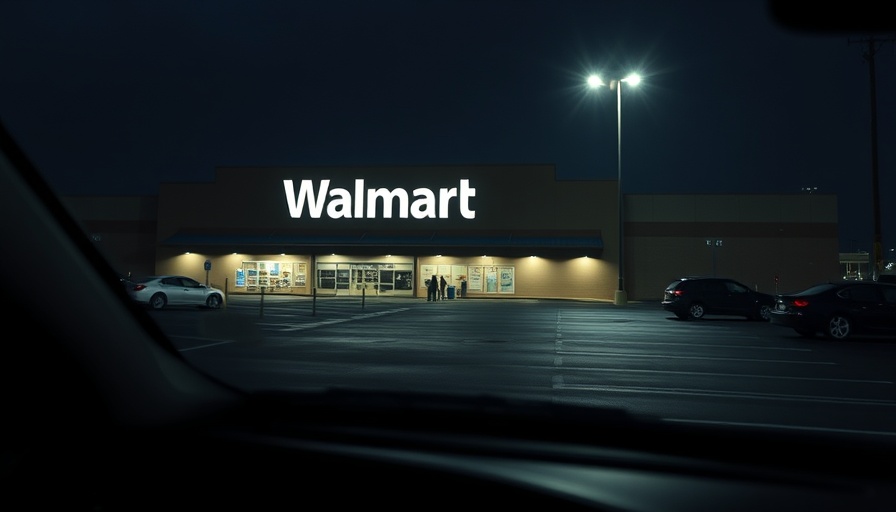 Dimly lit old school Walmart viewed from a car at night.