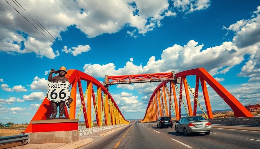 Exploring Route 66 travel: Iconic bridge scene with Americana statue.