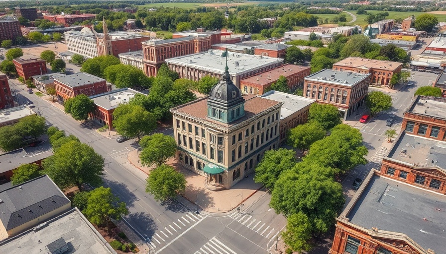 Aerial view of downtown Clinton, Missouri showcasing historic architecture.
