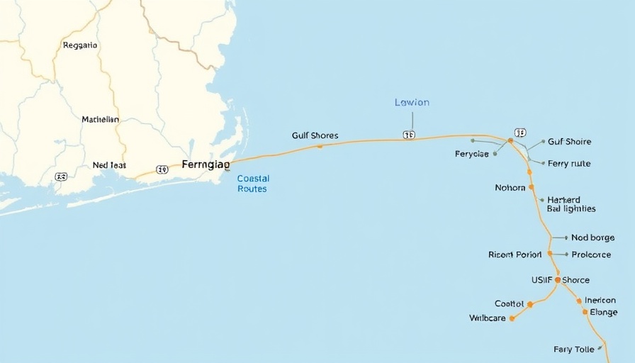 National Lighthouse Day map highlighting Gulf Shores coastline with ferry routes.