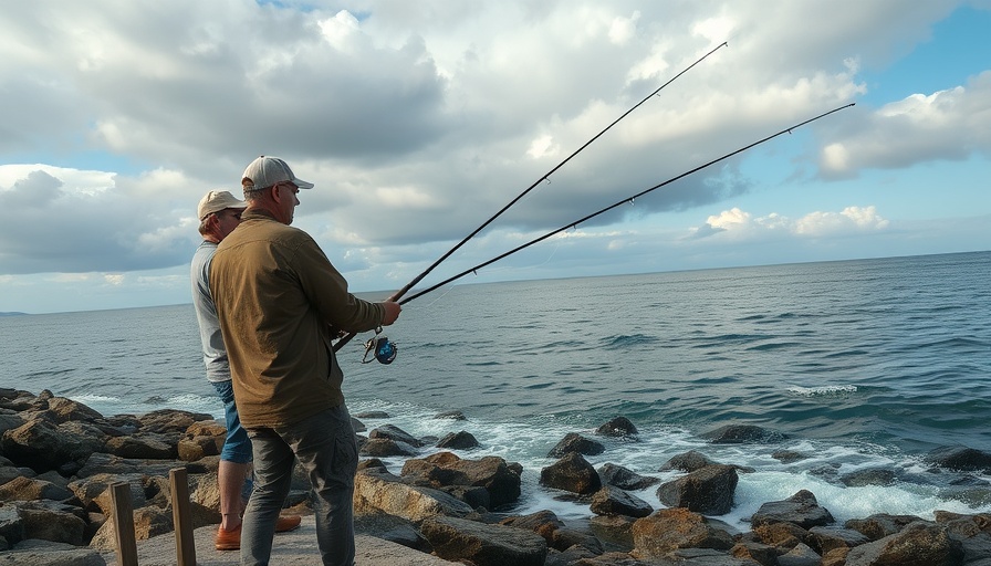 Two men fishing on rocky shore under cloudy sky, catch dinner with 1 gallon of fuel.