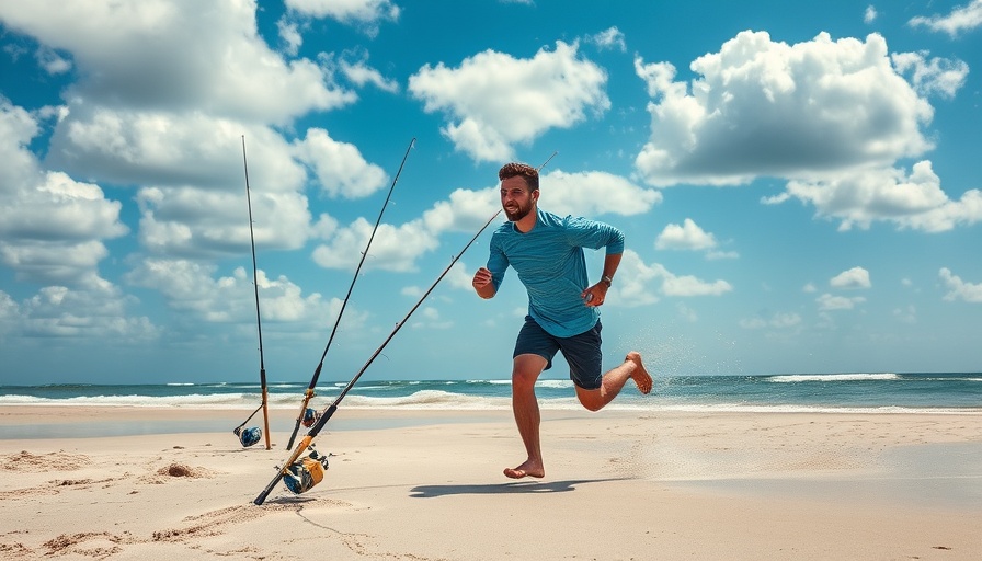 Man surf fishing on sandy beach with blue skies.