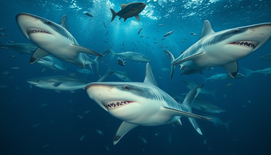 Underwater scene of sharks swimming, depicting marine life in motion.