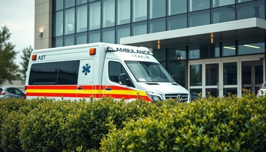 Ambulance in hospital driveway after shark attack.