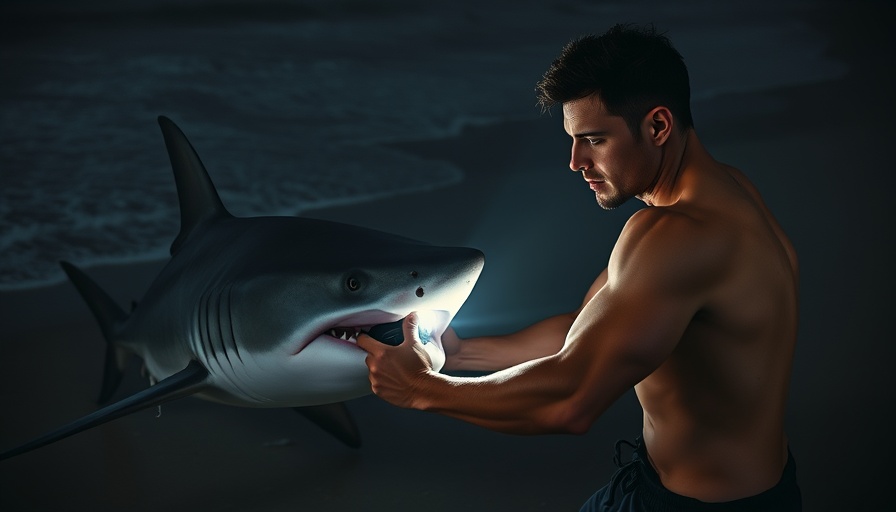 Fisherman interacting with shark on beach at night, illuminated.