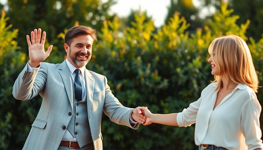 Cheerful couple outdoors with plants in the background, sunny day.