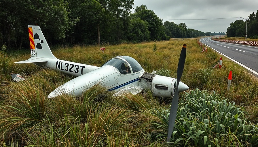 Wrecked plane in Gulf Shores crash site, overcast day.