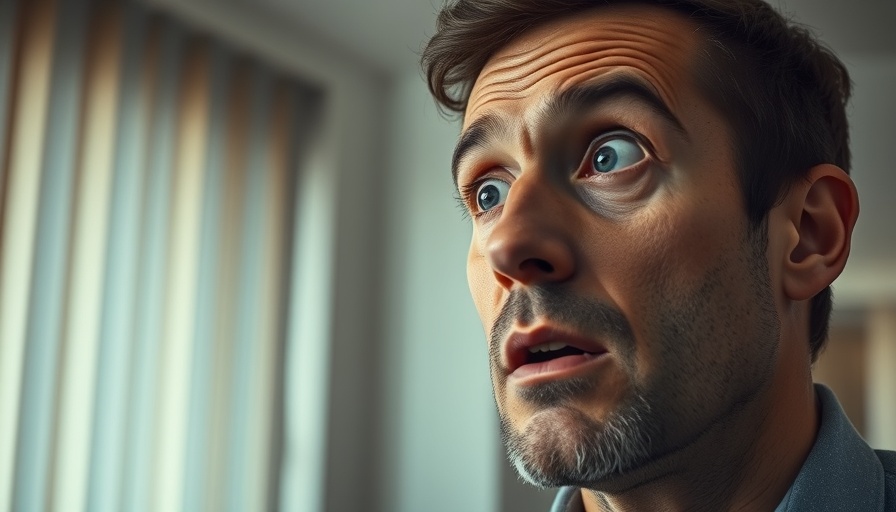 Surprised man indoors, neutral lighting, close-up view.