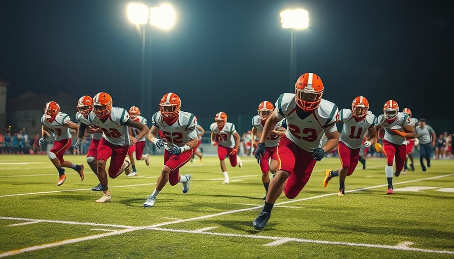 High school football game with players in blue uniforms competing at night.
