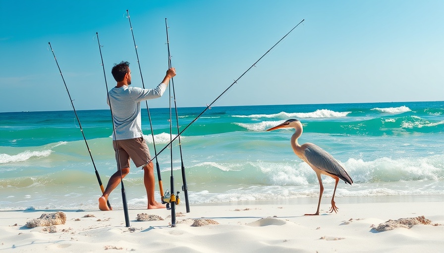 Surf fishing instant hits: man casting on beach with heron nearby.