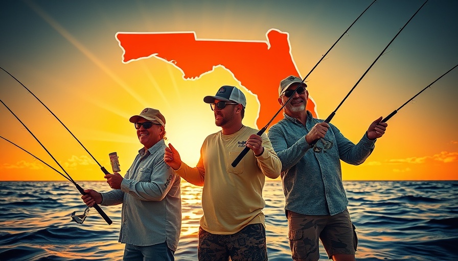 Florida deep sea fishing adventure with sunburst and Florida map.