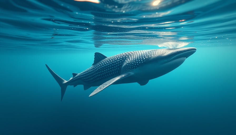 Giant Whale Shark swimming near ocean surface, gracefully.