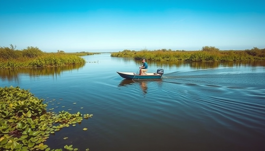 Man fishing in Mississippi Delta amid lush greenery and calm waters.