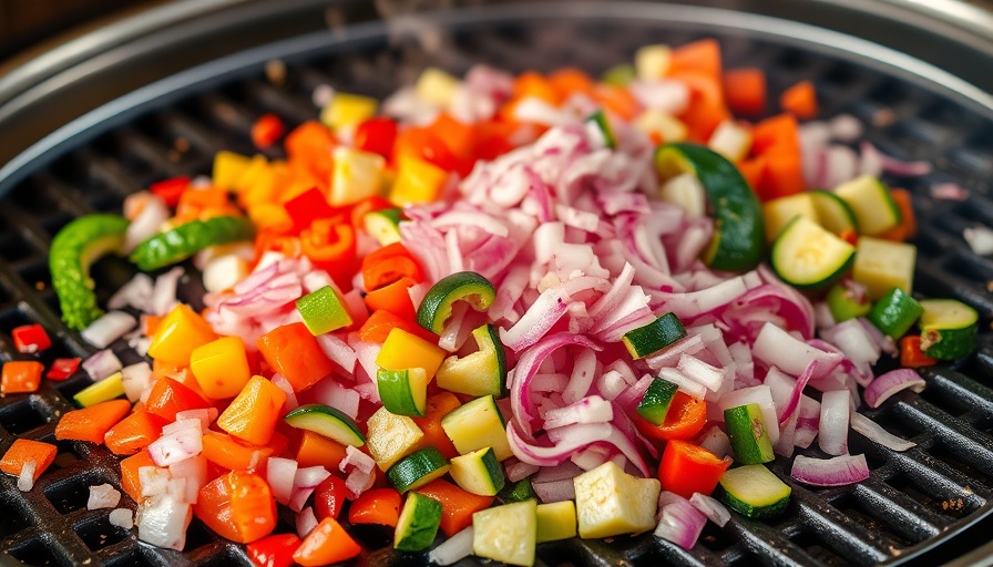 Fresh diced vegetables sizzling on a teppanyaki grill.