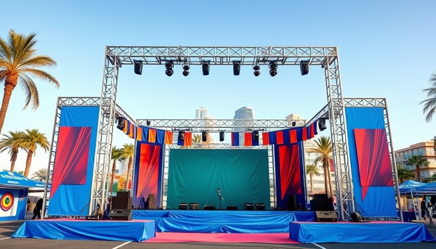Outdoor stage setup at Gulf Coast festival with banners and palm trees.