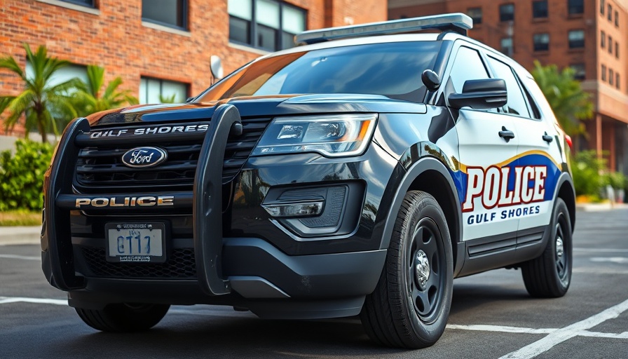 Gulf Shores police vehicle parked in urban area with greenery.