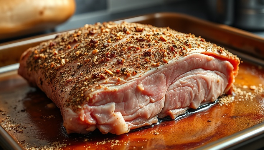 Juicy seasoned pork loin on baking tray, culinary adventure.
