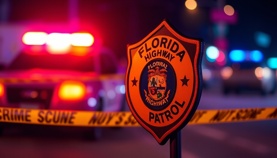 Florida Highway Patrol emblem with police lights and crime scene tape backdrop