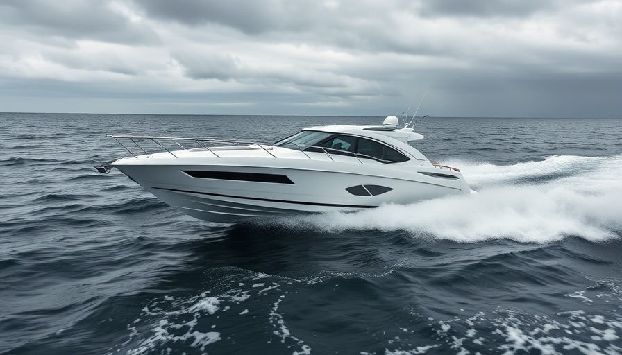 High-speed boat cruising Gulf of America waves under gray skies.