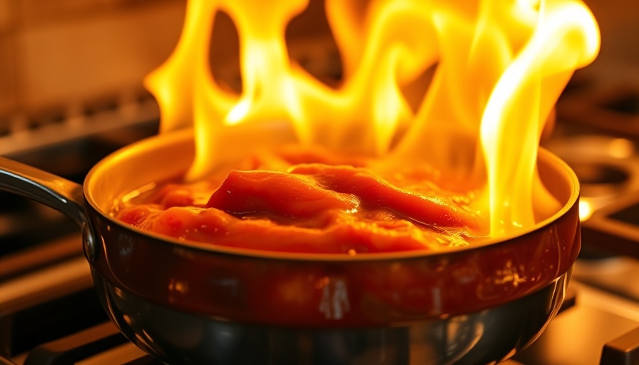 Peach whiskey barbecue sauce on fire in a pan.