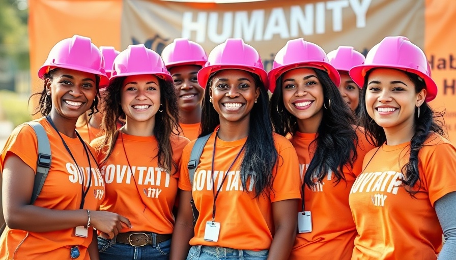 Pensacola women volunteer in pink helmets building a house.