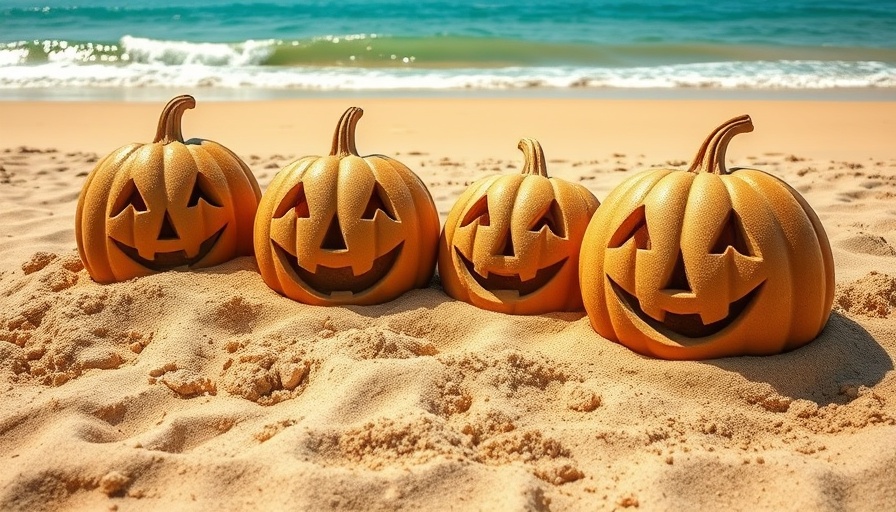 Carved sand pumpkins on a beach in Alabama, clear blue ocean.