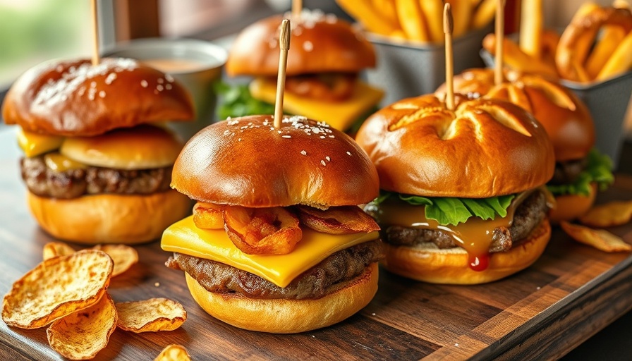 Gourmet sliders on pretzel buns with artisanal chips.