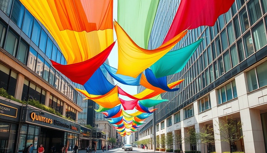 Aerial art installation Pensacola, vibrant panels over city street.