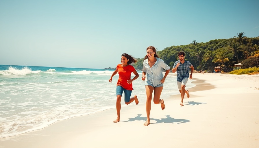 Family running on Alabama Gulf Coast beach under clear sky.