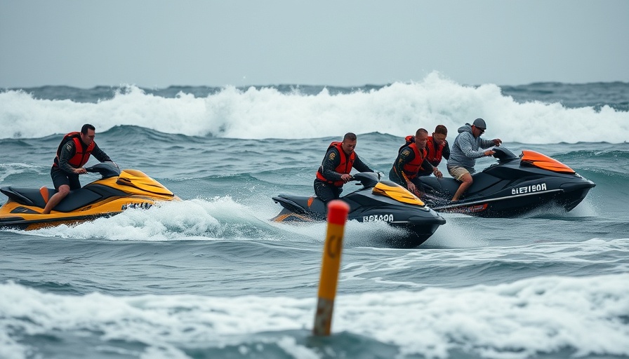 Lifeguards rescuing jet skiers in choppy sea, near a sea marker.