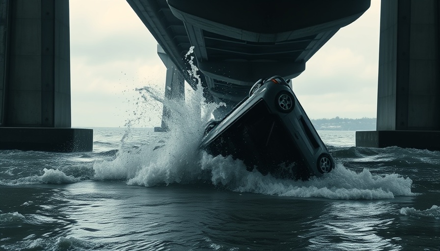 Car in water after hydroplaning under bridge, dramatic scene.