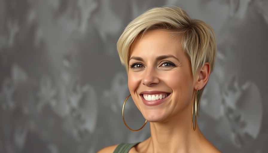 Smiling woman with short blonde hair and hoop earrings, studio portrait.