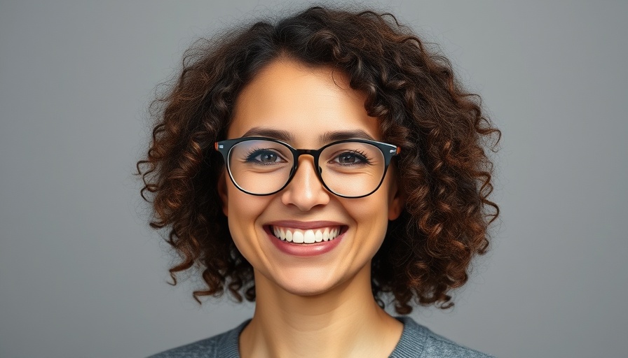 Smiling woman in glasses, neutral background portrait.