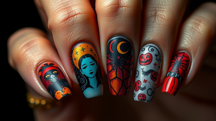 Chic Halloween nail art with vibrant spooky designs