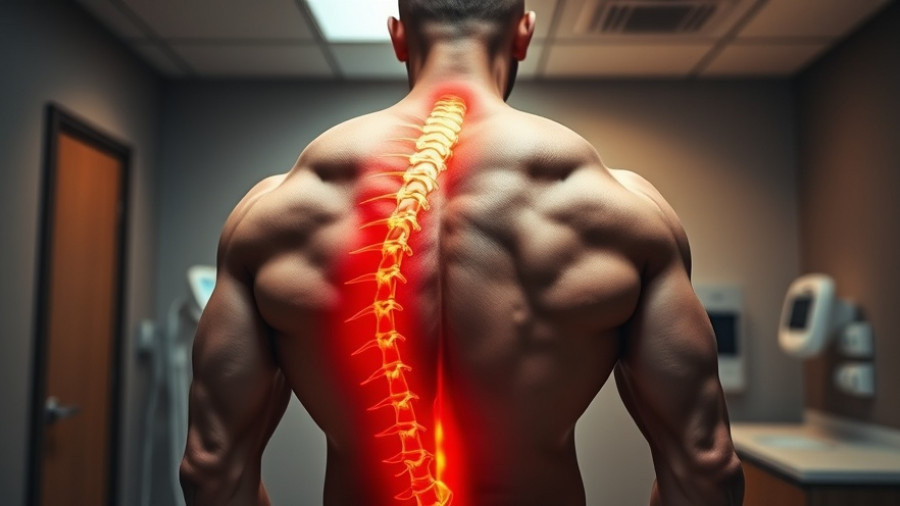 Chiropractic care for back pain, spine highlighted on muscular back.