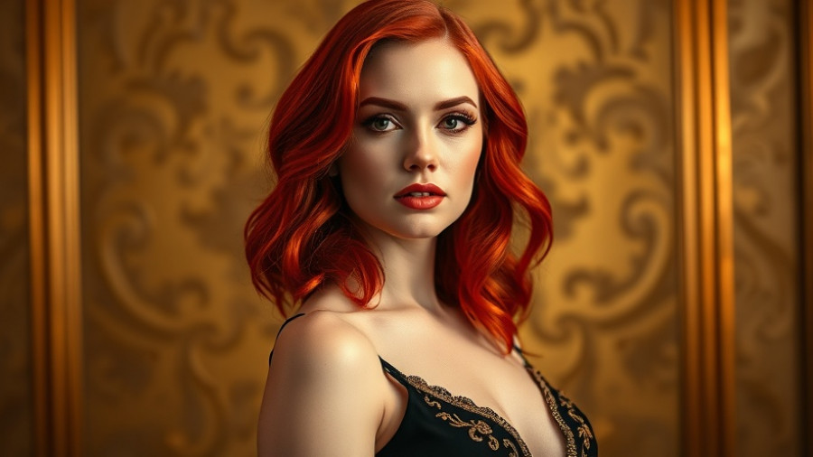 Elegant woman in black dress with red hair, cultural discussion backdrop.