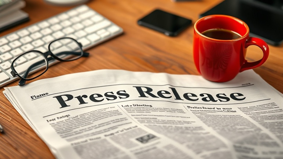 Press release on table with glasses and coffee.