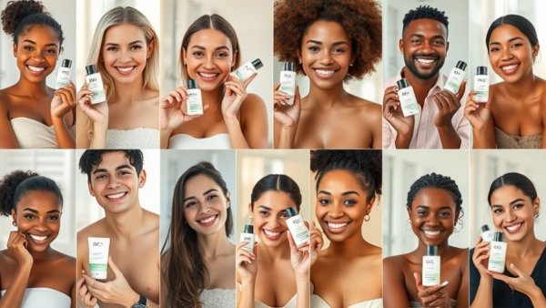 Collage of people showcasing OSEA skincare products with smiles.