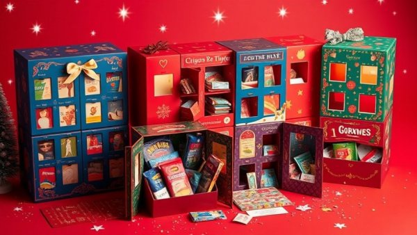Colorful beauty advent calendars on a festive red background.