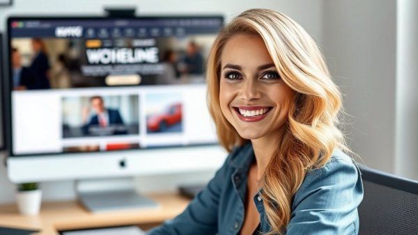 Smiling woman and computer screen showcasing health & beauty content marketing.