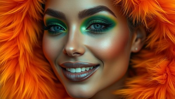 Close-up of green eyeshadow on a smiling woman, orange fur background.