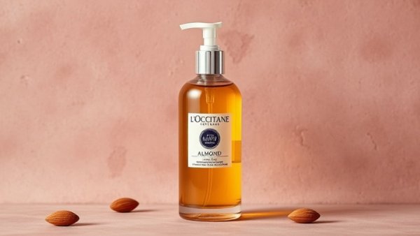 L’Occitane Almond Shower Oil bottle on pink textured background.