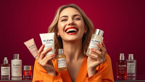 Best Elemis Products display with smiling woman and elegant packaging.