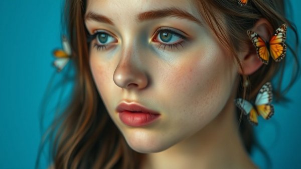 Beautiful woman with butterflies, showcasing best highlighters effect.