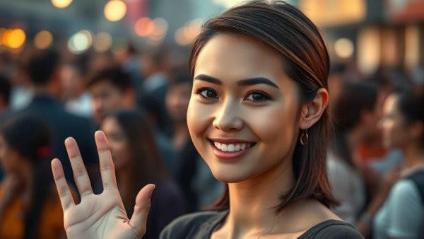 Stylish young woman smiling at an event with sleek hairstyle.